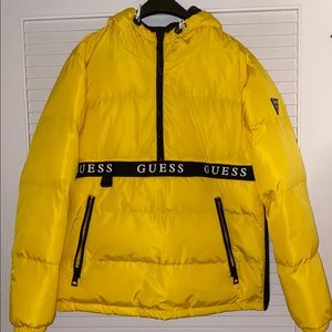 Yellow Guess Men's Hooded Popover Puffer